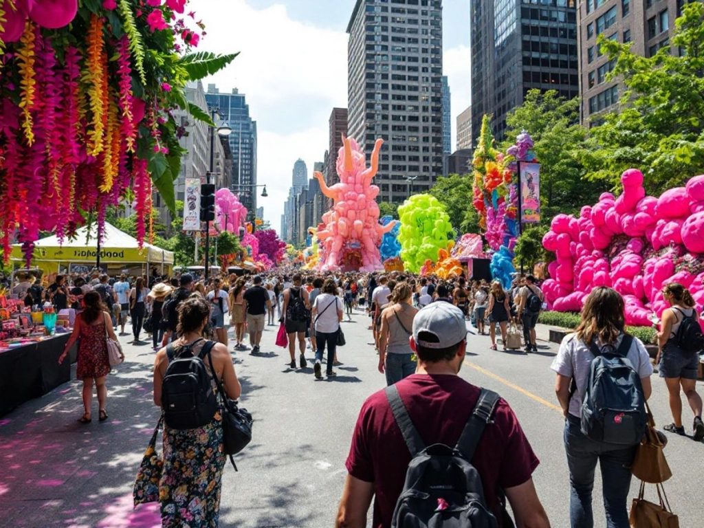 Festival de artă cu artiști și instalații colorate.