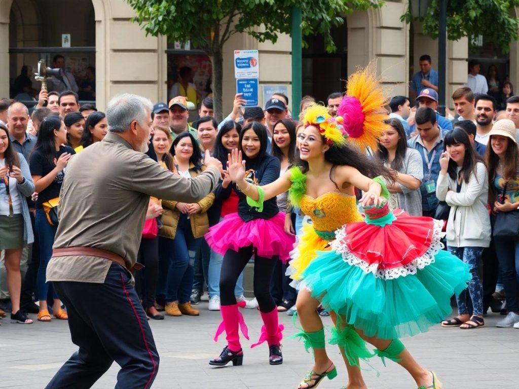 Spectacol stradal captivant cu artiști și mulțime entuziastă.