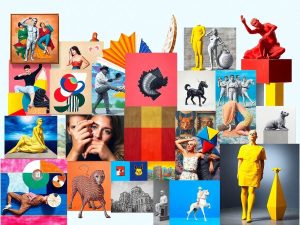 Colaj de artă contemporană românească diversă.