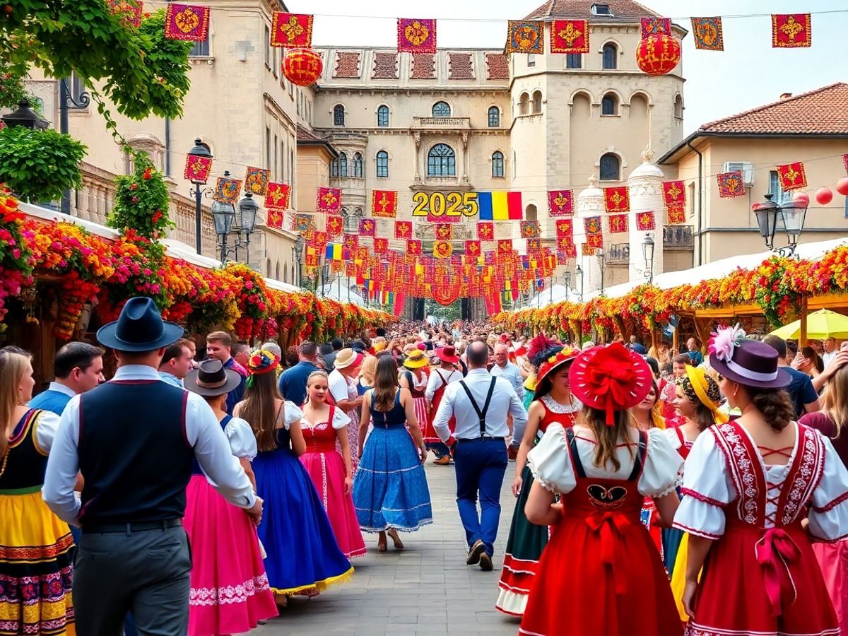 Dansatori în costume tradiționale la un festival românesc.