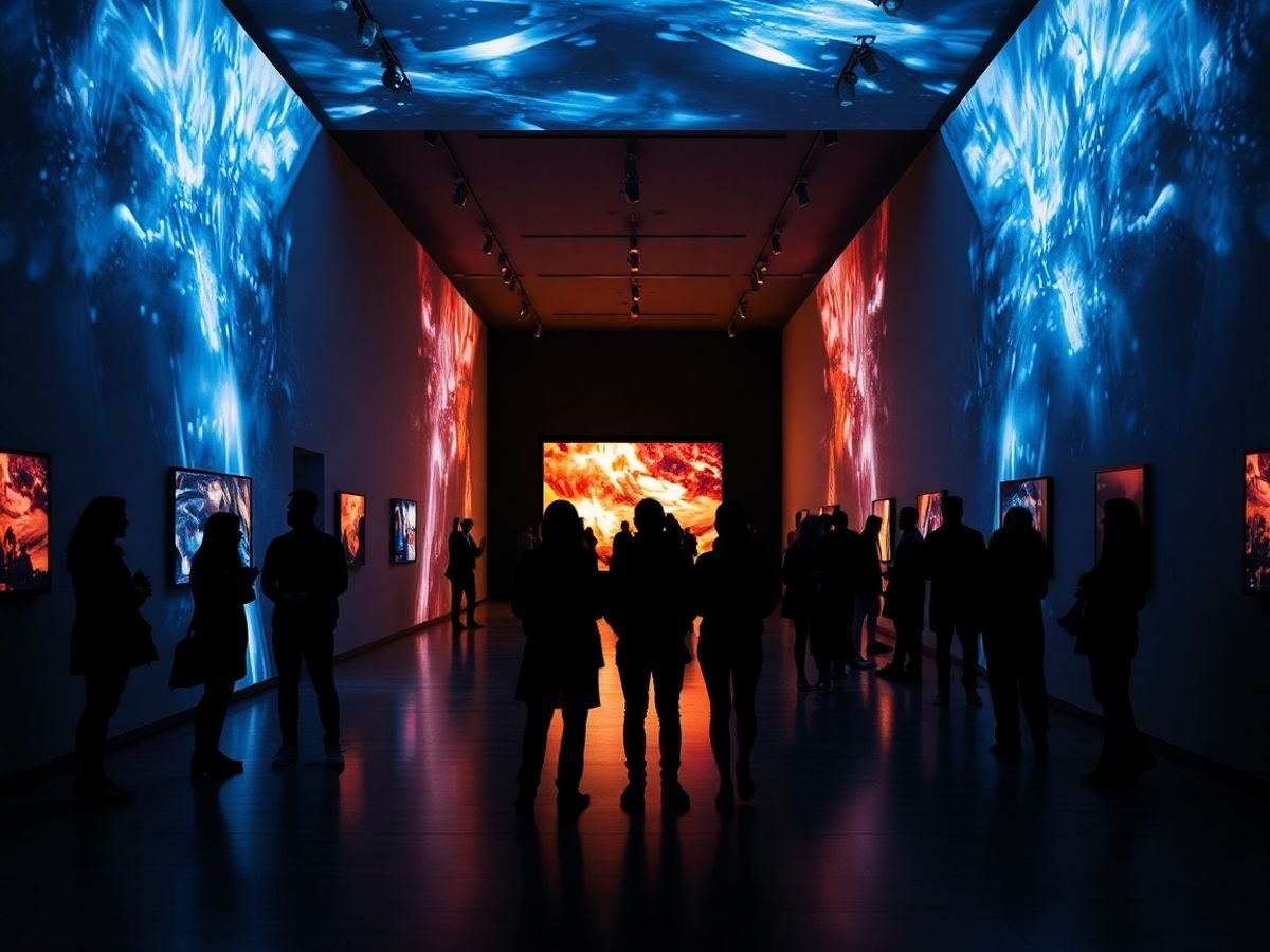 Artă digitală luminoasă în galerie urbană.