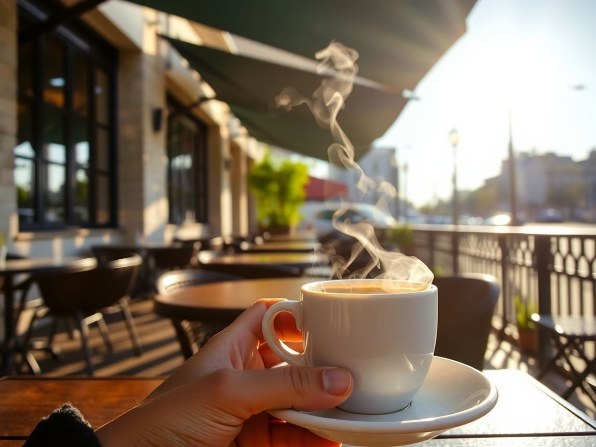 Femeie relaxată savurând cafea pe o terasă însorită.