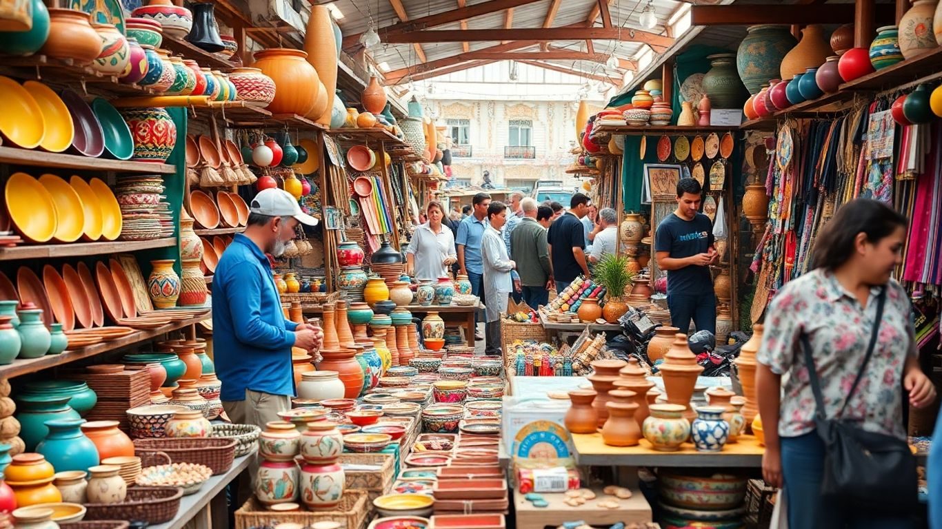Meșteșugari locali expun produse tradiționale la un târg de vară.