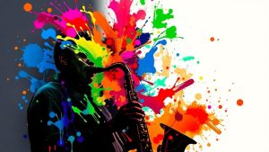Pictură și jazz: saxofonist cu stropi de culoare.