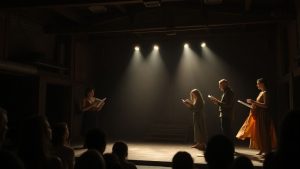 Actori recitând poezie într-un spațiu neconvențional.