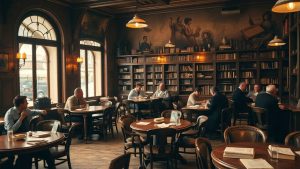Cafenea interbelică plină de oameni discutând și citind cărți.
